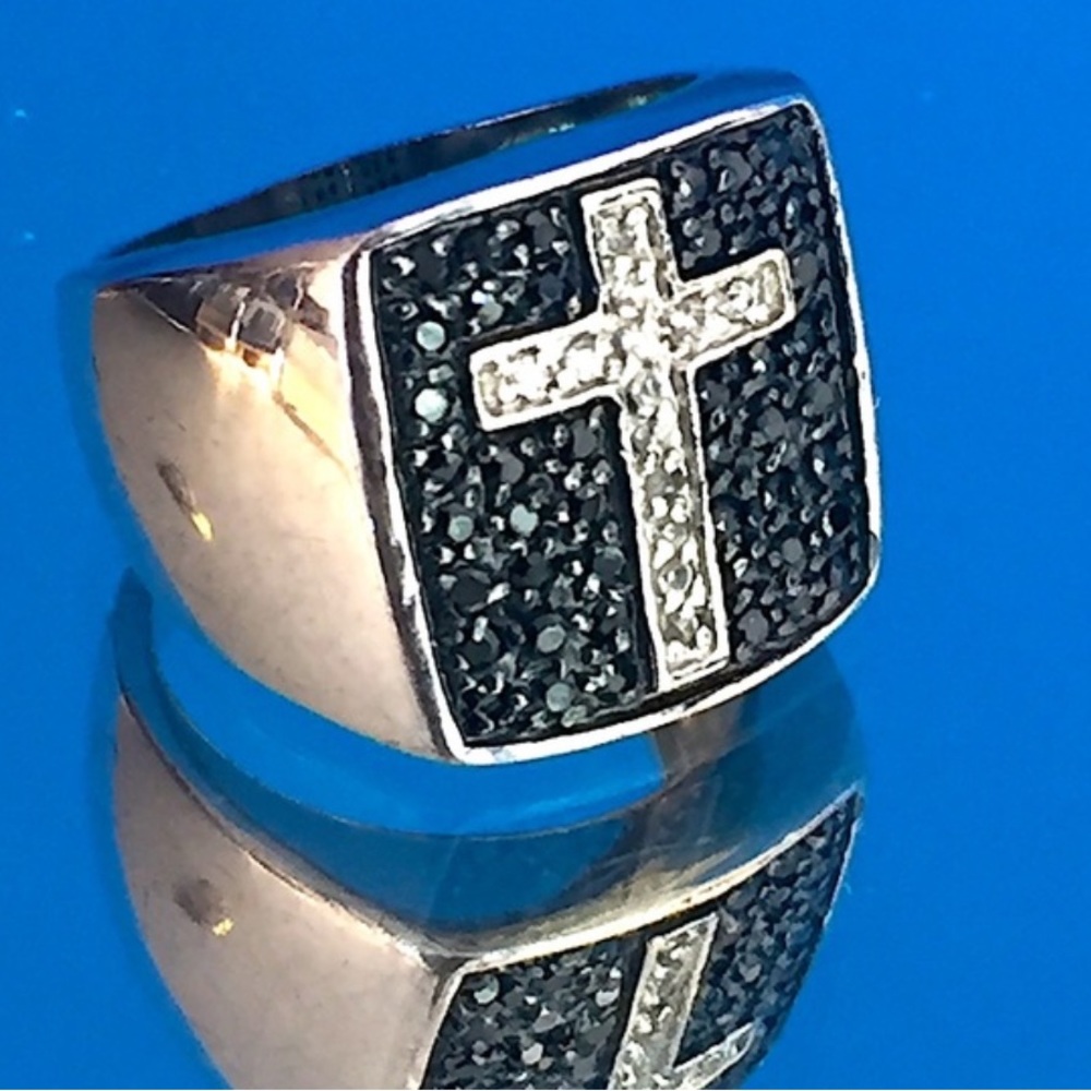 Black Spinel and CZ Cross Ring Vintage Size 5.75 US